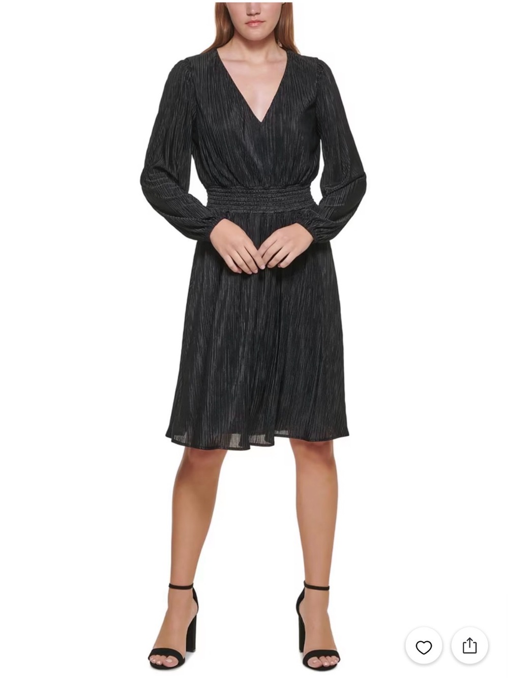 Kensie Black V-Neck Long Sleeve Pleated Smocked Waist Dress